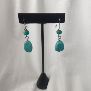 Stainless Silver with double Turquoise Dangle Earrings, Blue Gemstone